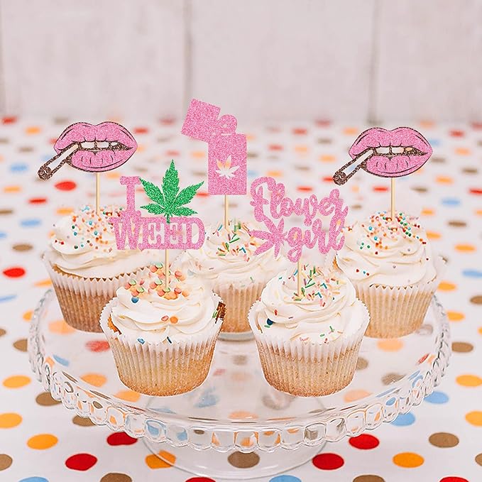 Ercadio 24 PCS Have a Dope Birthday Cupcake Toppers Pink Pot Leaf Weed Leaves Cupcake Picks Marijuana Dope Themed For Smoking Enthusiast Girl Birthday Party Supplies