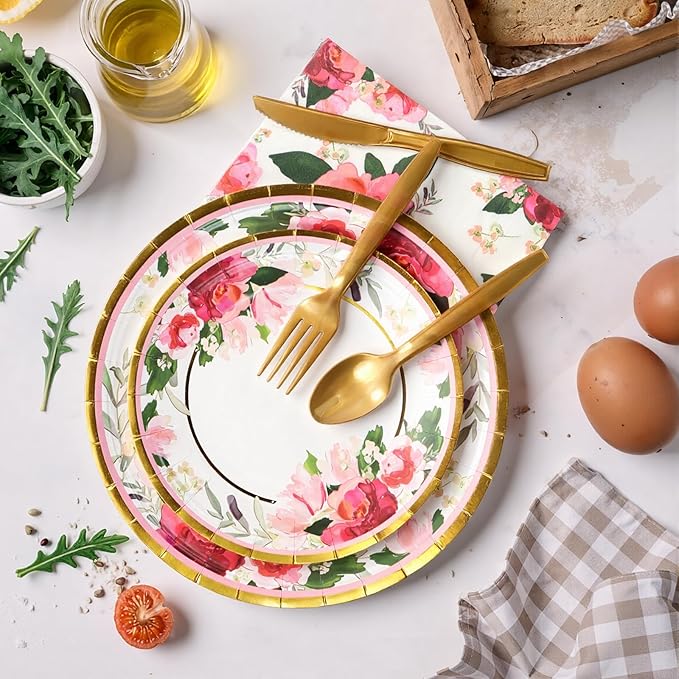 168Pcs Paper Plates Floral Rose Gold Party Plates and Napkins Vintage Flower Disposable Tableware Serve for 24 Bridal Shower Wedding Baby Shower Tea Party Supplies Decorations
