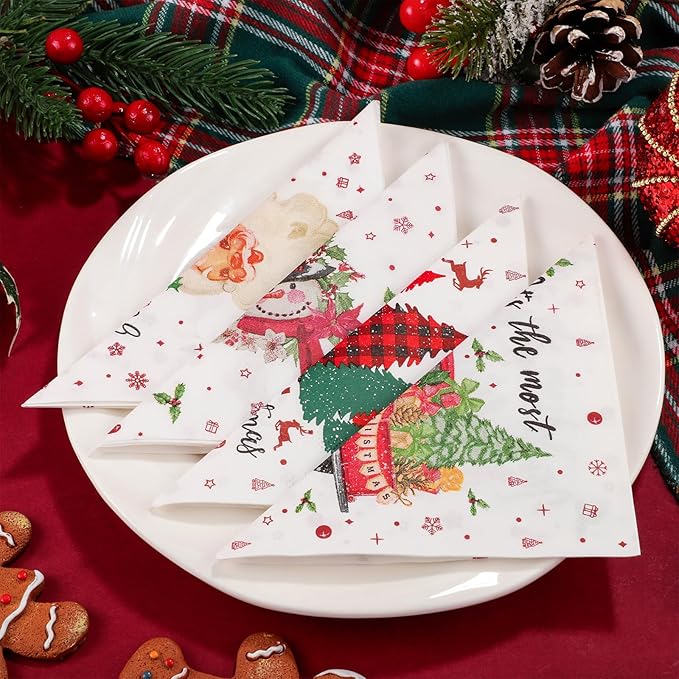200 Pcs Christmas Cocktail Napkins, 5x5" Xmas Tree Santa Snowman Paper Napkins for Holiday, Winter & New Year Party
