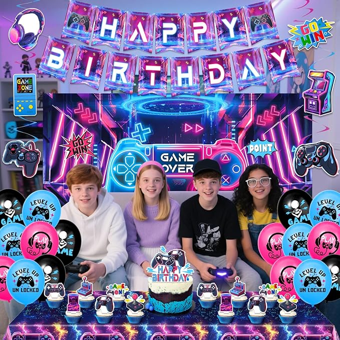 45Pcs Gamer Birthday Party Decorations - Gaming Party Supplies with Backdrop, Banner, Tablecloth, Balloons, Swirls & Cake Toppers for Video Game Theme, Colorful