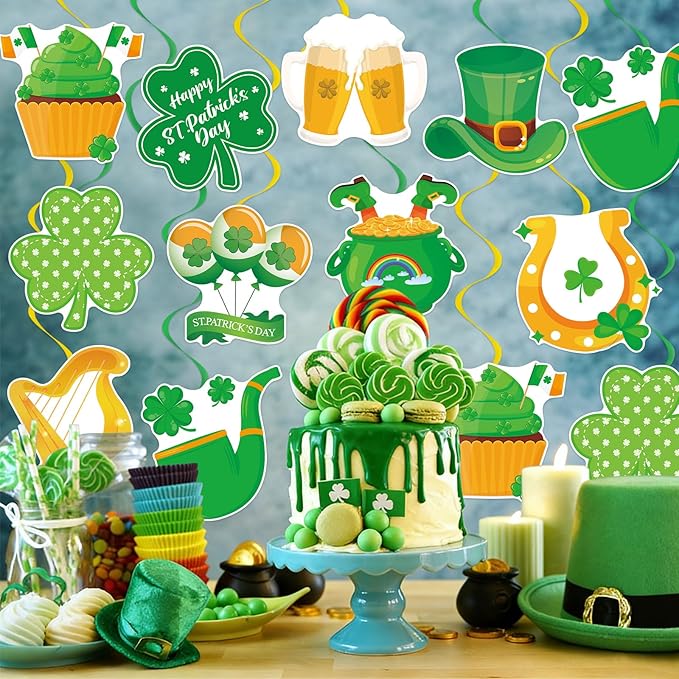 40Pcs St. Patrick's Day Hanging Swirl Decorations, Irish Lucky Shamrock Clover Ceiling Hanging Swirls St. Patrick's Day Foil Swirls Streamers for Irish Saint Patrick Party Decorations