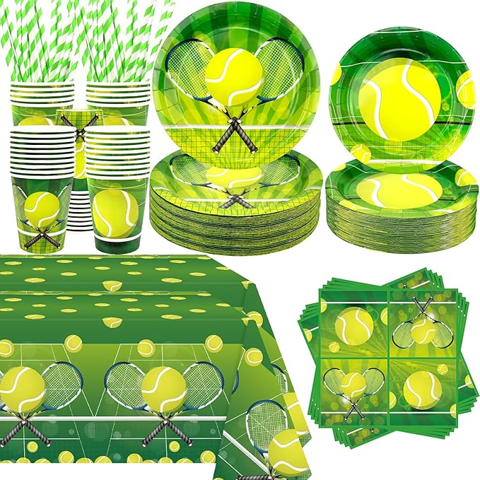 Tennis Party Decoration - Tennis Birthday Party Tableware Supplies Includes Plates, Cups, Napkins, Tablecloth, Straws (40)