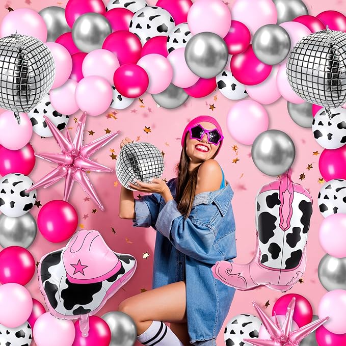 Hungdao 23 Pcs Cowgirl Theme Party Balloons Set Cow Print Cowgirl Hat Boot Pink Silver Star Balloons Ribbon for Western Theme Decorations Retro Horse Rodeo Party Supplies(Classic)