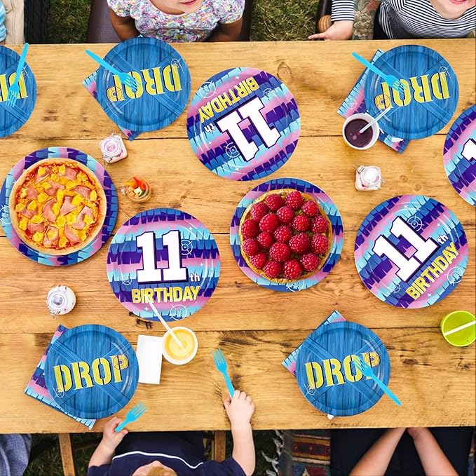 96Pcs 11th Video Game Birthday Party Supplies Happy 11th Game Theme Plates and Napkins Disposable Blue Drop Tableware Set for 11 Year Old Kids Boys Birthday Decorations Serves 24