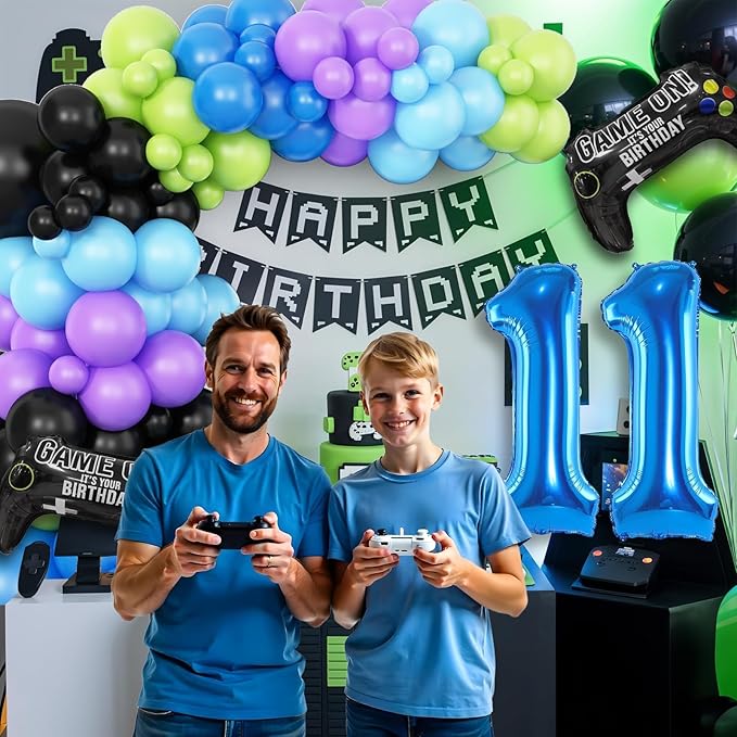 11th Birthday Video Game Balloons Arch, 11th Game Party Balloons Garland Kit 11th Game Birthday Supplies with Blue Number 11 Balloon Game Foil Balloons for 11 Year Old Teens Boys Birthday Decor