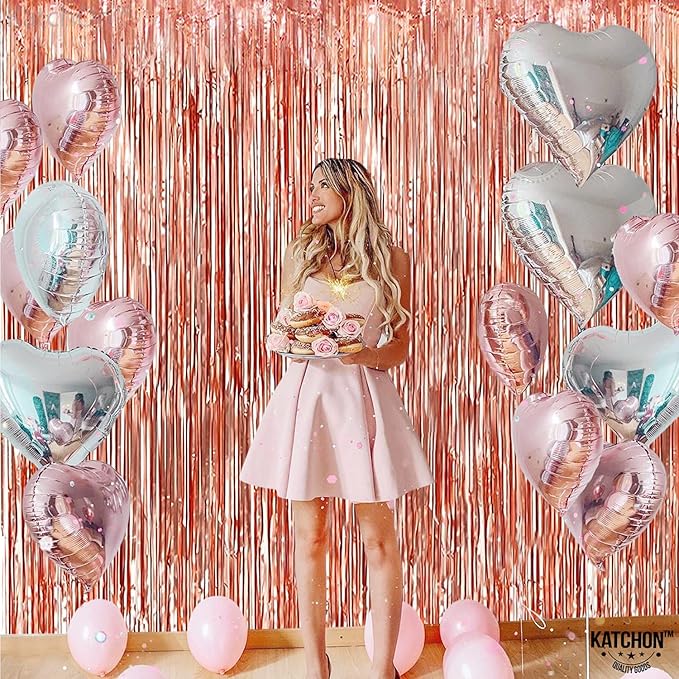 KatchOn, Rose Gold Fringe Curtain - Pack of 2 | Rosegold Backdrop for Anniversary, Wedding, Bachelorette Party Decorations| Fringe Backdrop for Rose Gold Birthday Decorations