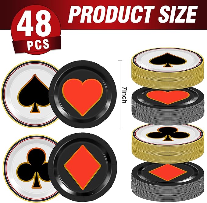 48Pcs Casino Party Supplies 7" Casino Plates Disposable Paper Plates Las Vegas Party Decorations for Birthday Poker Night