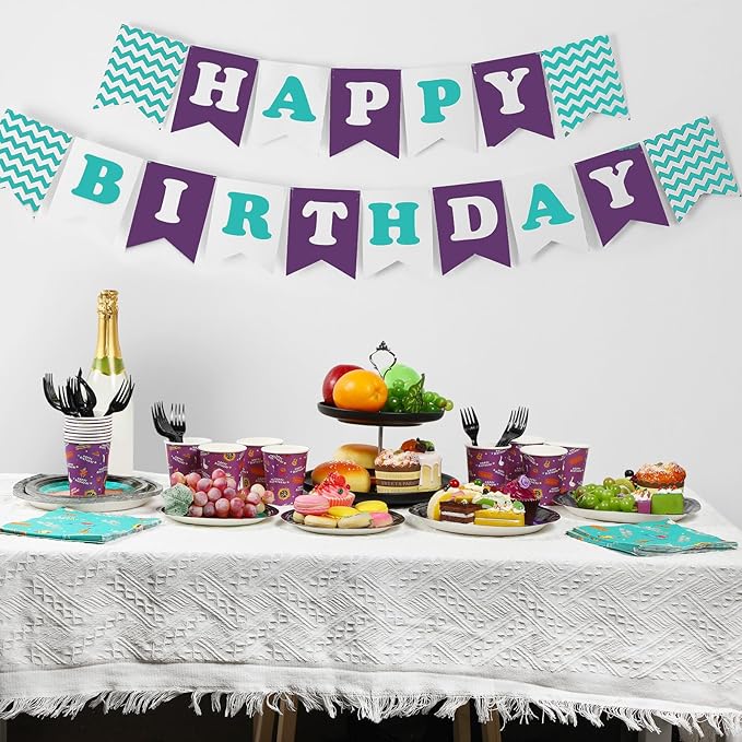 84 Pcs Happy Birthday Party Supplies Birthday Decorations Include Paper Plates Paper Cups Napkins Black Plastic Fork Disposable Dinnerware for Party Supplies
