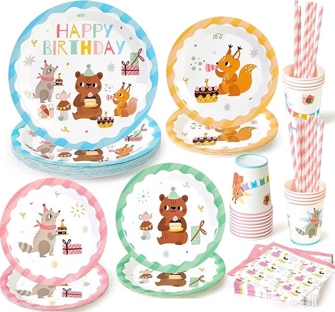 144Pcs Forest Woodland Animal Birthday Party Supplies Decorations Paper Plates Napkins Vintage Party Tableware Disposable Jungle Dinnerware Set for Kids Birthday Baby Shower Table Decor, Serve 24