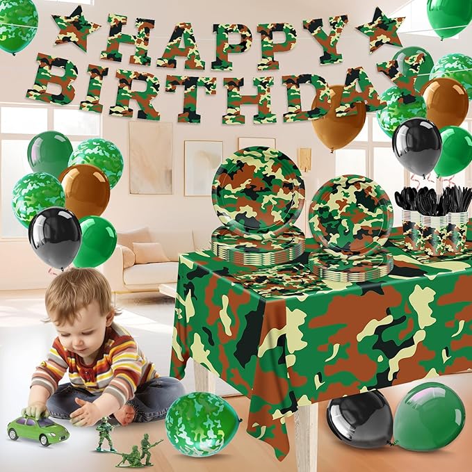 206pcs Camo Party Decorations Paper Plates Napkins Camouflage Tableware Set Disposable Cups Forks Knives Spoons with Camo Tablecloth Banner for Boy Camouflage Hunting Military Birthday Party Supplies