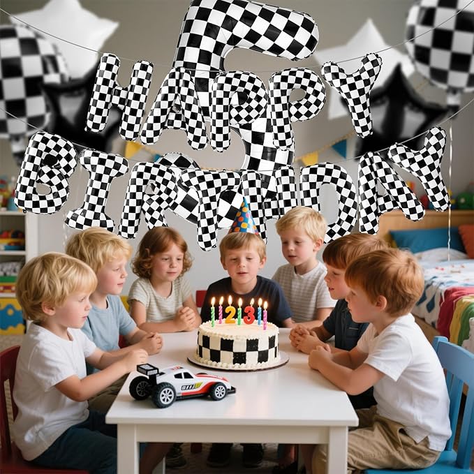 Racing Cars Themed Happy Birthday Banner Party Decorations Set Including 40 Inch Number 5 Foil Balloons, Themed Party Essentials, Checkered Backdrop Supplies for Boys Indoor Outdoor Celebration