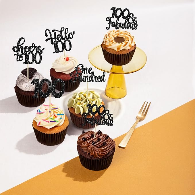 30pcs Happy 100th Birthday Cupcake Toppers - Black Glitter One Hundred Cheers to 100 Years Old Cupcake Picks for Anniversary Party Cake Decorations