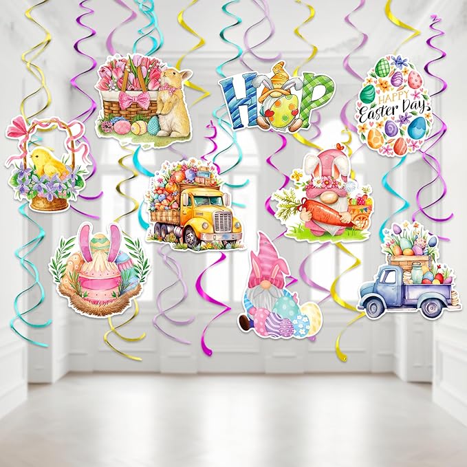 Hanging Easter Decorations Swirls 24pcs, Easter Egg Bunny Ceiling Hanging Party Streamers, Foil Easter Party Decor Supplies for Home Office School, Dangling Spinners Easter Party Ceiling Decor