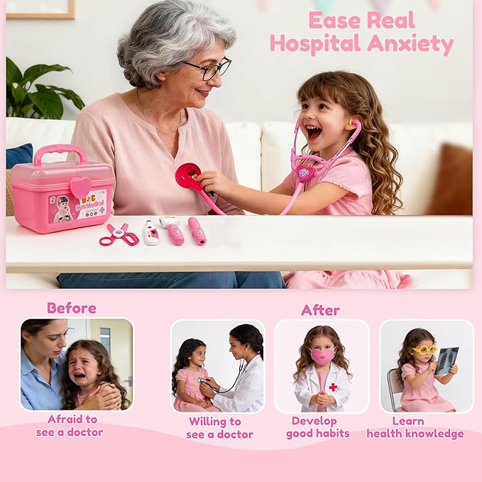 24Pcs Doctor Kit for Toddlers 3-5, Kids Doctor Pretend Play Set with Costume, Stethoscope, Funny Doctors Kit Toys Christmas Birthday Gift for Girls Ages 3 4 5 Year Old, Pink
