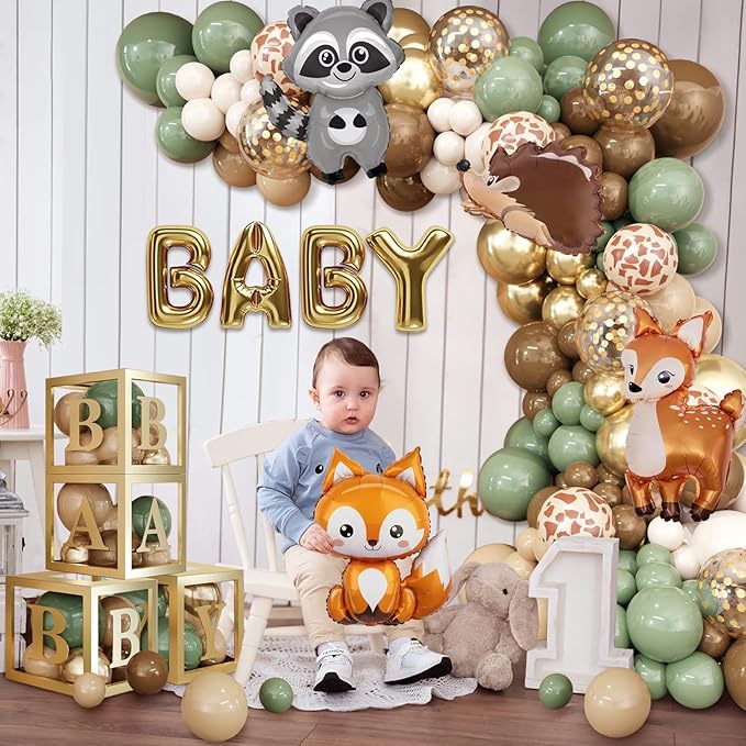 Amandir 137pcs Woodland Animals Baby Shower Decoration Boxes Sage Green Brown Balloon Garland Arch Kit Woodland Themed Animal Foil Balloons for Neutral Forest Jungle Safari Party Supplies