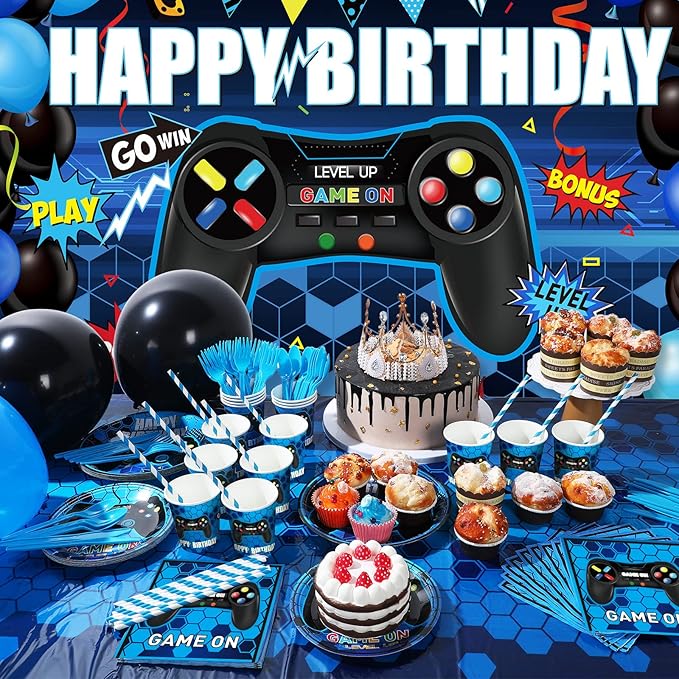 Tatuo 152 Pieces Video Game Birthday Party Supplies Gamer Party Table Cover Happy Birthday Backdrop Banner Tableware Balloons Sets for Boys Men Theme Party Decoration
