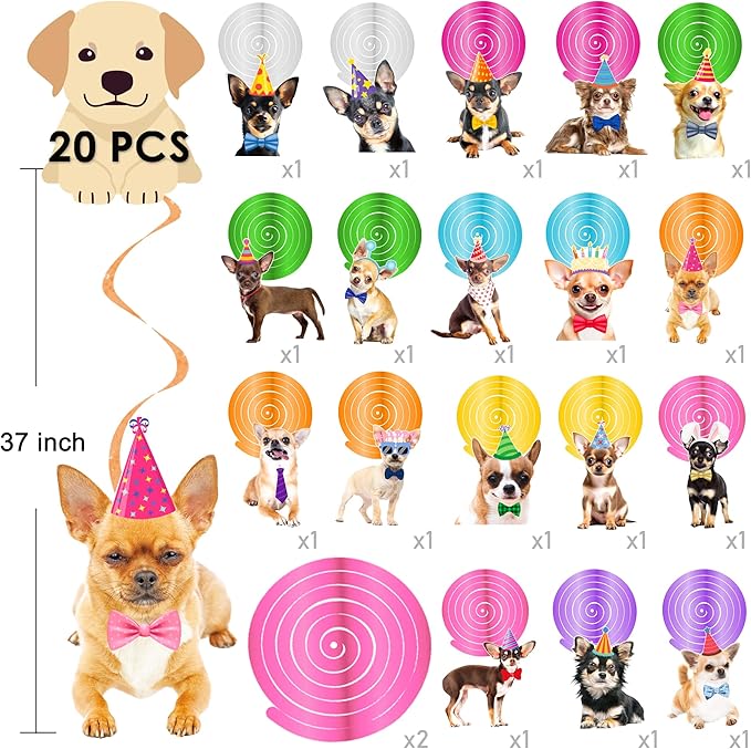 Chihuahua Party Hanging Swirls 20Pcs Chihuahua Dog Birthday Party Decorations Dog Themed Hanging Streamers Decor Chihuahua Party Ceiling Swirls for Puppy Party Hanging Supplies