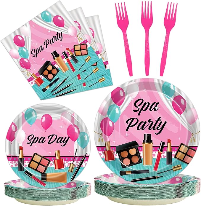 96 Pcs Spa Party Plates and Napkins Set, Spa Day Makeup Party Supplies Decorations for Girls Kids Princess Sweet Pink Make up Theme Birthday Party Tableware Kit, Serves 24