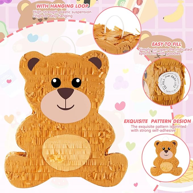 Lewtemi 14.5 Inch Bear Piñata Bear Themed Birthday Party Supplies Animal Piñata with Wood Bat Stick, Paper Blindfold and Confetti for Valentine Baby Shower Party Decor Kid Adult Boy Girl