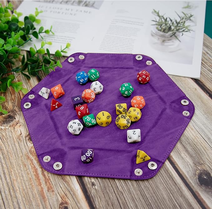 SIQUK 2 Pieces Dice Tray PU Leather Dice Trays Portable Folding Hexagon Dice Roller Tray for Dice Games Like RPG, DND and Other Table Games (Dark Green, Violet)