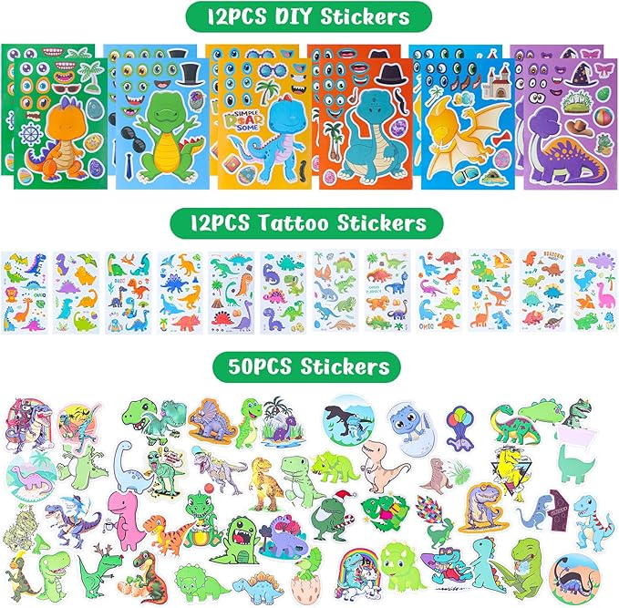 12 Pack Dinosaur Party Favors Gift Bags - Dinosaur Birthday Party Supplies for Kids with 12 Masks, 12 Dinosaur Eggs, 12 Keychains, 12 Snap Bracelets, Dinosaur Stickers for Kids Party