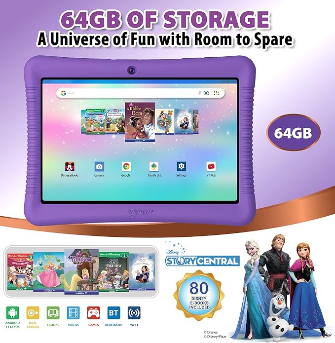 Contixo K102 10" Android Tablet and KW1 Kids Smartwatch - 32GB, Includes 80+ Disney Storybooks, Educational Watch with Games, Camera, Music Player, Alarm, Customizable Wallpaper, Purple