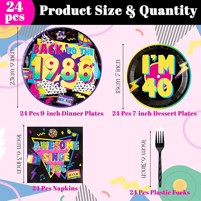 Haooryx 1986 40th Birthday Party Tableware - 96Pcs 80S Vintage Black Birthday Party Decor Supplies Back in 1986 Disposable Paper Plates Napkins Plastic Forks for Men Women 40 Years Old Birthday Party