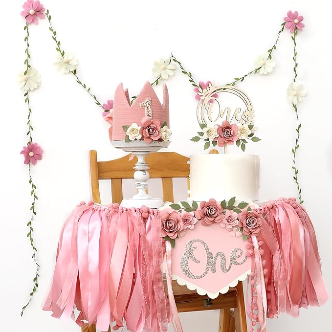 Wildflower 1st High Chair Banner Birthday Decorations For Girl Flower Cake Topper Hat Floral Theme Party Decoration