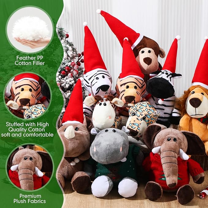 HyDren 10 Pieces 9 Inches Safari Stuffed Animals Set and Elephant Giraffe Lion Tiger Monkey Rhinoceros Zebra Leopard Hippo for Shower Jungle Animal(Christmas)