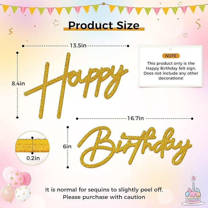 Babenest Gold Felt Happy Birthday Sign - Reusable Strong Adhesion Banner for Backdrop, Balloon Arch Decor, Party Supplies Reception Party Baby Shower Decorations