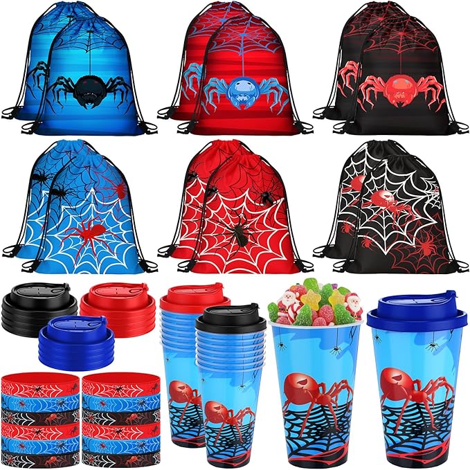 48 Pcs Spider Party Favors Spiderweb Birthday Party Supplies Hero Decorations for Guests Including Drawstring Gift Bags Cups and Wristbands for Christmas Birthday Gift Favors