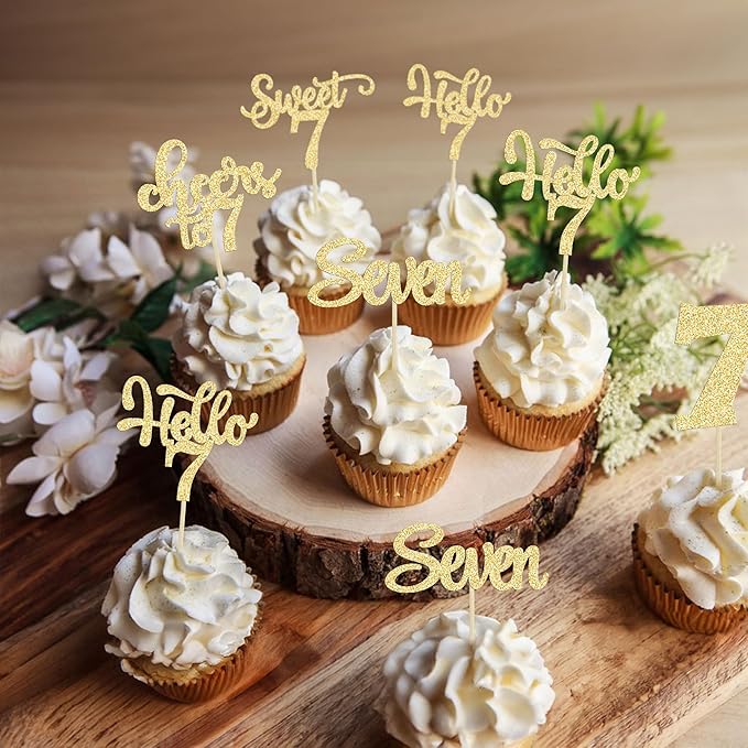 30Pcs 7th Birthday Cupcake Toppers Glitter Seven Happy 7 Cupcake Picks Cheers to 7 Years Old Cake Decorations for 7th Birthday Party Supplies Gold