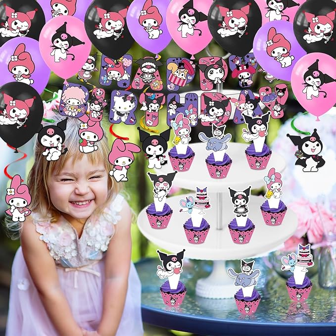 Kuromi Birthday Party Supplies, Party Decorations Set Include Banner, Backdrop, Balloons, Hanging Swirls, Cake Cupcake Toppers, Tablecloth for Girls Kuromi Theme Party