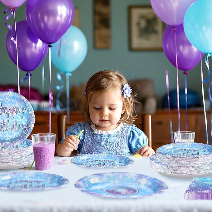 Grencian 96Pcs Frozen Party Supplies Winter Onderland 3rd Birthday Plates Winter Snowflake Disposable Happy 3rd Birthday Tableware for Kids Girls Frozen Themed Party Serves 24