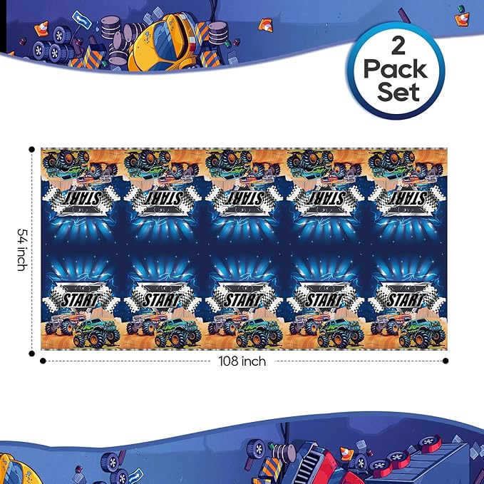 2 Pack Monster Truck Tablecloth for Kids Party 108" x 54", Machine Truck Boys Birthday Table Decor, Rectangle Waterproof Plastic Table Cover for Home, Classroom Party Supplies