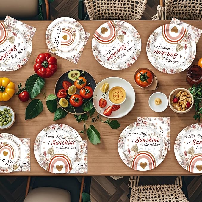 96Pcs Boho Baby Shower Decorations for Girl Boho Rainbow Baby Shower Plates and Napkins Tableware Set A Little Ray of Sunshine Baby Shower Party Supplies for Boho Rainbow Baby Shower Decor Serves 24