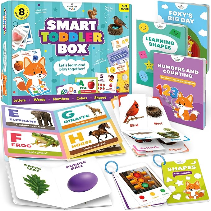 Smart Toddler Box for Kids Ages 1-3 – 8-Piece Learning Toy with Interactive Activity Books & Flashcards – Pre-K Speech Therapy, Vocabulary & Language Activities for 1, 2, 3 Year Olds