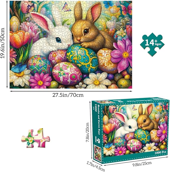 Puzzles for Adults 1000 Pieces, Jigsaw Puzzle for Adults, Fun Challenging Puzzle, Bunny Duo Eggstravaganza Puzzles Game, Interlock Perfectly No Dust, Gifts for Easter Mother’s Day