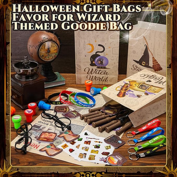 Yexiya 216 Pcs Wizard Party Supplies Magic Theme Birthday Favors with Wizard Wands Pencils Mini Notebook Glasses Bracelet Stickers Gift Bags Favor for Goodie Bag Stuffers Classroom Prizes Supplies