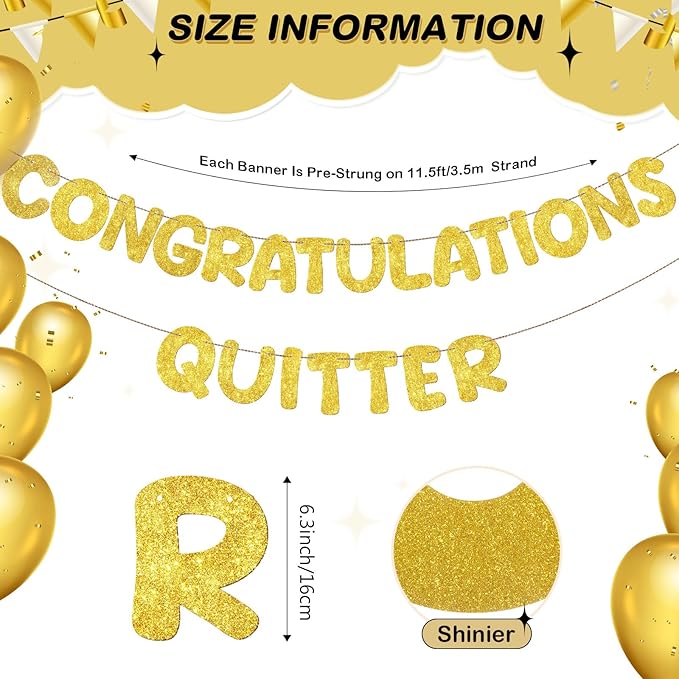 Fulmoon Pre Strung Congratulations Quitter Glitter Banner Funny Retirement Banner Graduation Party Decorations Going Away Supplies Garland for Men Women Gifts, No DIY(Gold)