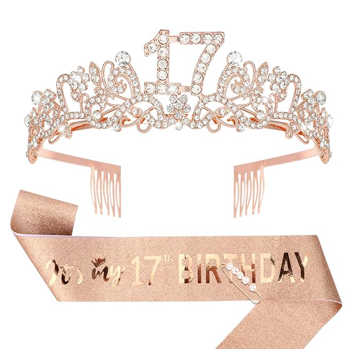 Semato 17th Birthday Decorations for Her Sash and Crown Tiara Kit Rose Gold 17th Birthday Gifts for Girls Party Supplies