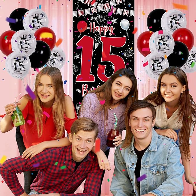 Red Black 15th Birthday Decorations for Boys Girls, Happy 15th Birthday Decorations Boy, 15 Birthday Party Door Banner Decor, Triangle Flag, Large 15 Balloons Bday Decor for 15 Year Old Teenagers