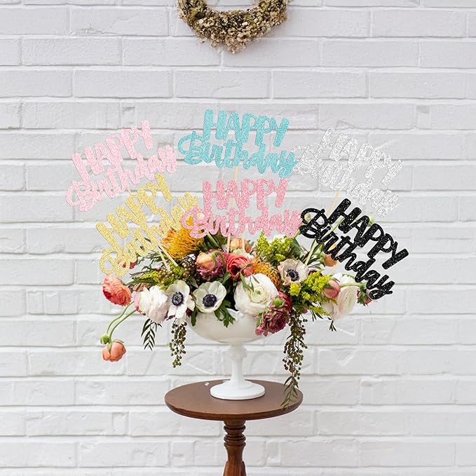 Gyufise 12Pcs Happy Birthday Centerpieces Sticks Double Sided Glitter Birthday Party Decorations Anniversary Table Flower Centerpiece for Celebrating Party Supplies Multicolor