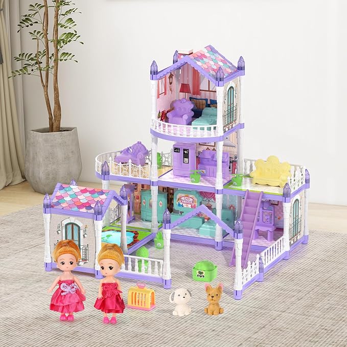Princess Dollhouse Set, Lilac Purple Doll House with 9 Rooms on 3 Floors Includes 2 Dolls 2 Pets 12 Pieces of Furniture and Other Accessories, Prefect Gift for Girls Dreamy Dollhouse