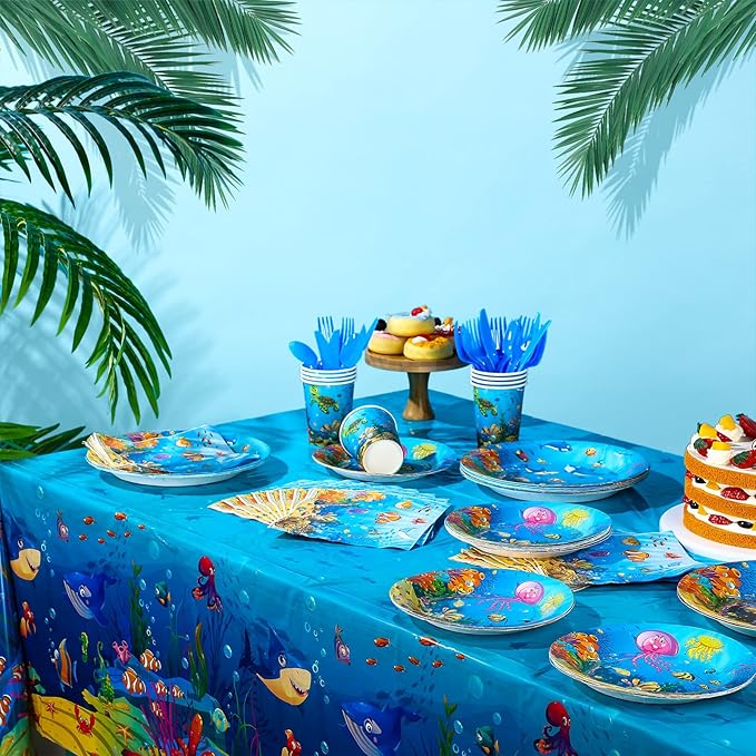 171 Pcs Under the Sea Party Supplies Ocean Sea Party Tableware Set Underwater Birthday Paper Plates Napkins Cups Cutlery Banner Tablecloth for Mermaid Beach Birthday Party Supplies 24 Guests