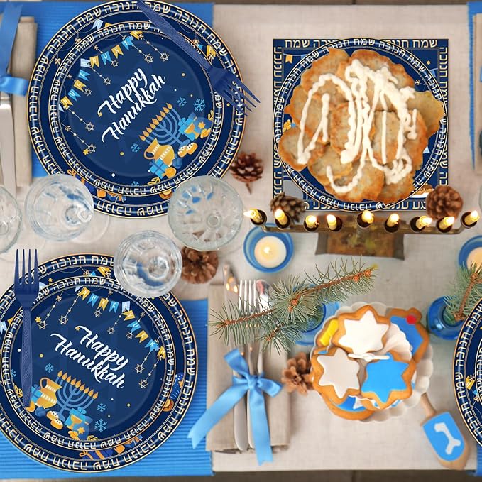 96PCS Happy Hanukkah Plates and Napkins - Hanukkah Decorations Chanukah Party Supplies Jewish Chanukah Disposable Tableware Set Serve 24 Guests