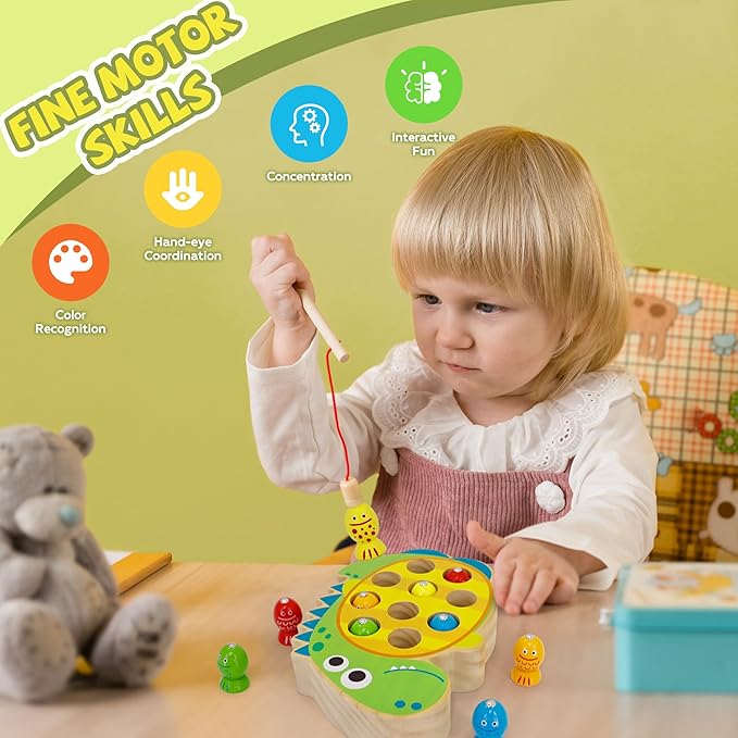 Wooden Magnetic Fishing Game, Dinosaur Magnetic Fishing Toy for Kids 3-5, Montessori Preschool Education Learning Color Sorting Fine Motor Skill for Toddlers