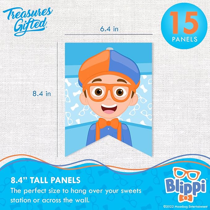 Treasures Gifted Officially Licensed Blippi Birthday Party Supplies - Set of 3 Pre-Strung Birthday Banners - 1 Banner & 2 Triangle Pennants - Blippi Party Decorations