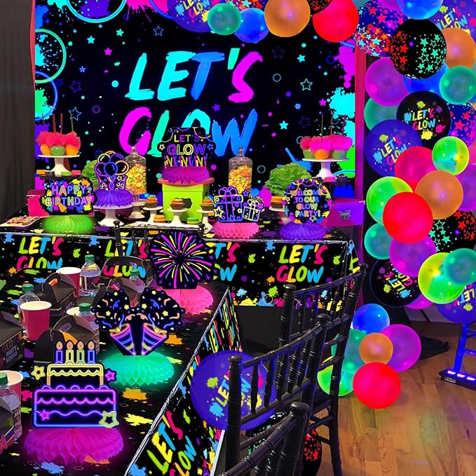 10 Pieces Glow in The Dark Party Table Decorations, Neon Table Honeycomb Centerpiece and Let's Glow Tablecloths Set - Black Light Table Topper Neon Decorations for Kids Glow in Dark Party Supplies