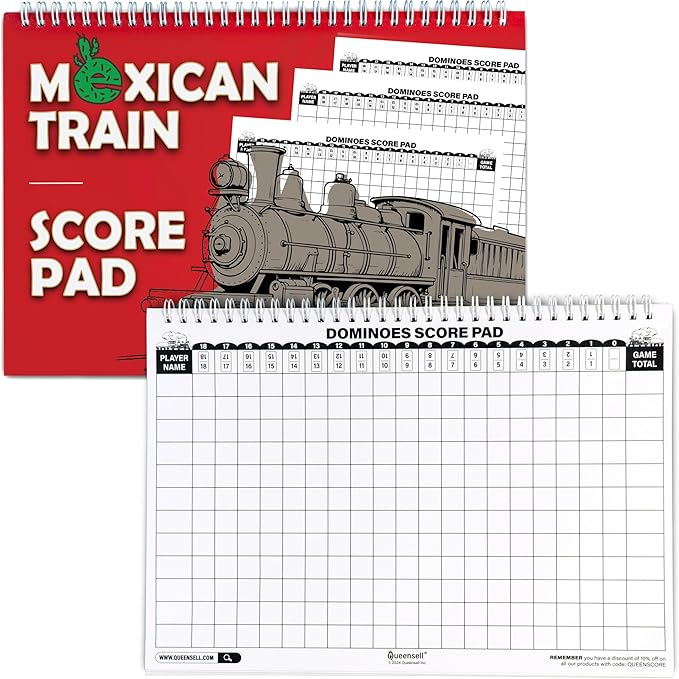 Queensell Extra Large Mexican Train Score Pads 11.3x7.9 in – 50-Page Mexican Train Accessories for Classic Domino Game – Mexican Train Score Sheets for Easy Game Tracking